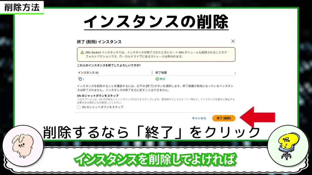 削除するなら「終了」をクリック