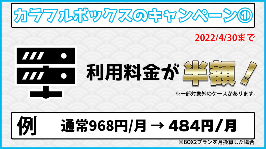 カラフルボックスのキャンペーン① 2022/4/30まで 利用料金が半額! 例 通常968円/月→484円/月
