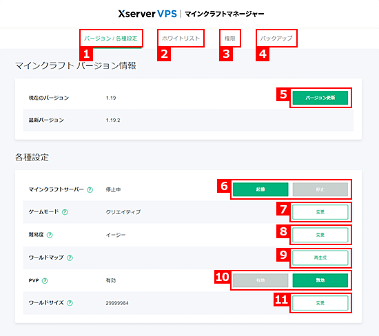 Xserver VPS マインクラフトマネージャーの画面